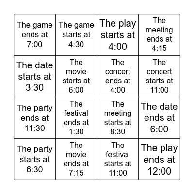 What time does...? Bingo Card