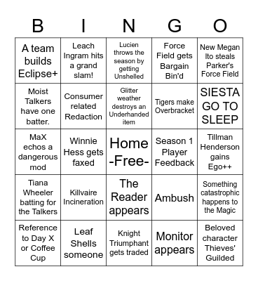 Blaseball Season 23 Bingo Card