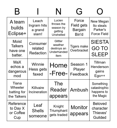 Blaseball Season 23 Bingo Card