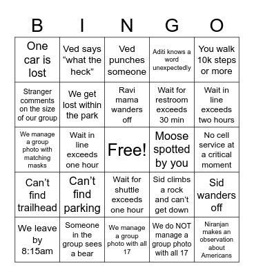 RMNP trip (Friday) Bingo Card