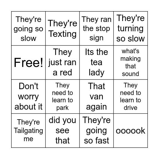 Jenna Driving Bingo Card