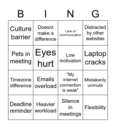 Remote working Bingo Card