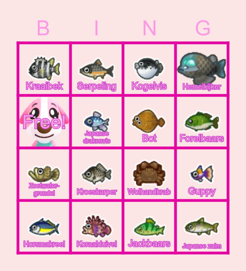 Animal Crossing Vissen November Bingo Card