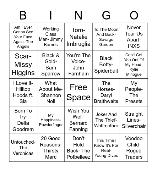 Aussie Music Bingo Card