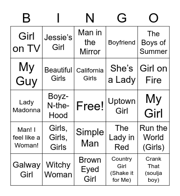 Girls vs Boys Bingo Card