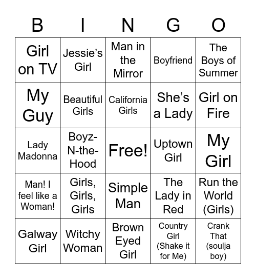 Girls vs Boys Bingo Card