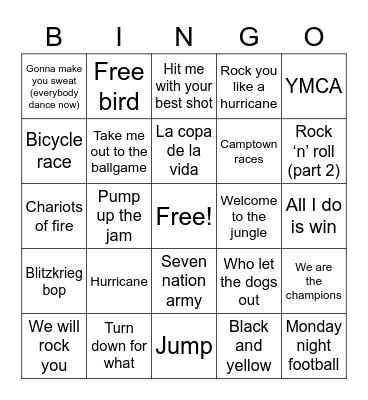 Stadium Songs Bingo Card