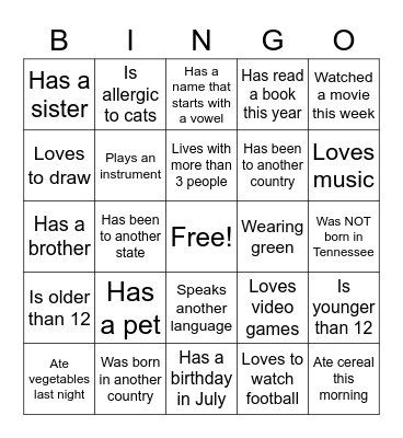 Getting to Know You Bingo Card