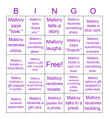 Mallory's Bridal Shower Bingo Card