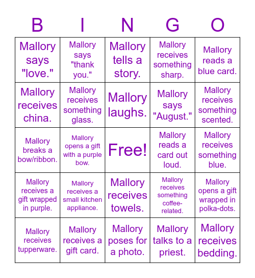 Mallory's Bridal Shower Bingo Card