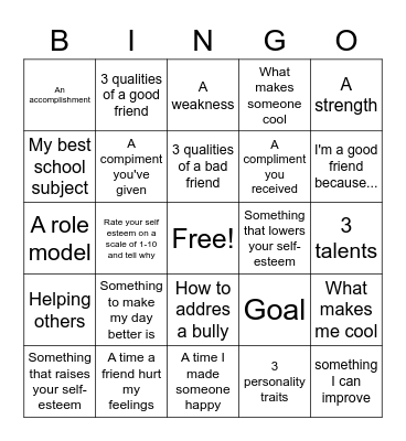 Self-Esteem Bingo Card