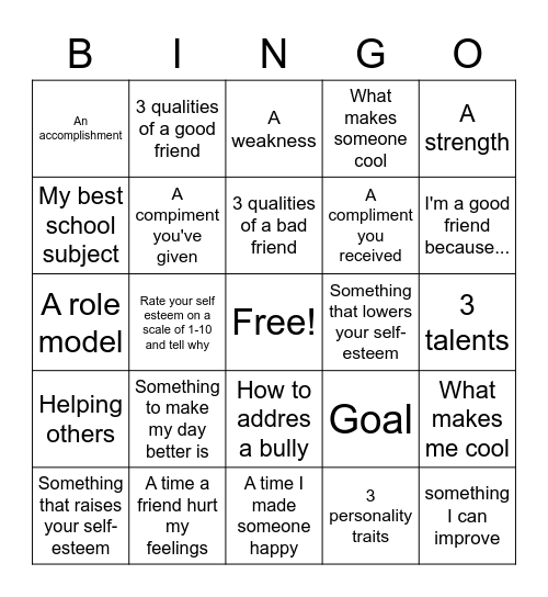 Self-Esteem Bingo Card