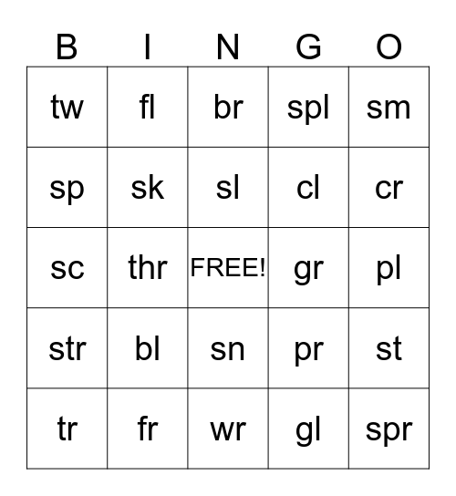 Digraph Bingo Card