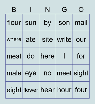 Homophones Bingo Card