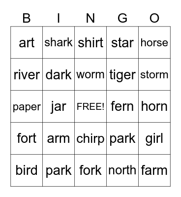 R-controlled vowels Bingo Card