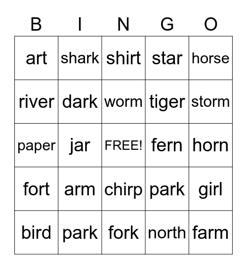 R-controlled vowels Bingo Card