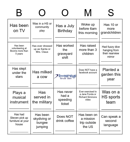 Booms Bingo! Find someone who... Bingo Card