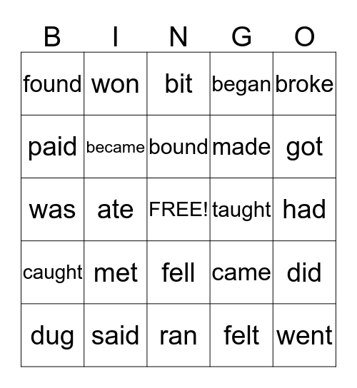 Irregular Verb Bingo Card
