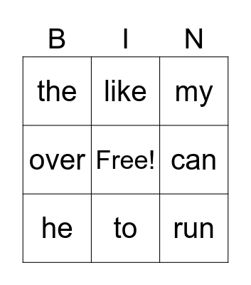 Sight Words Bingo Card