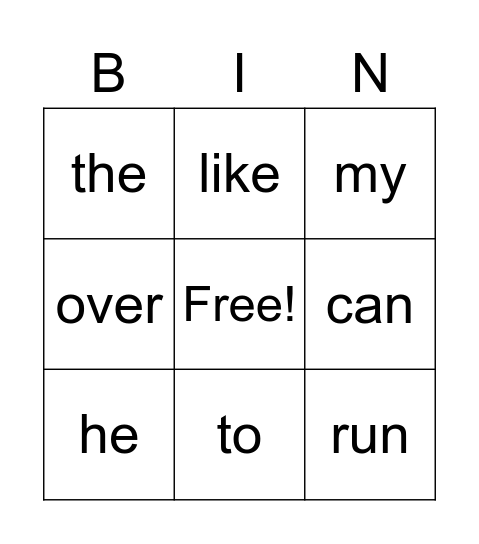 Sight Words Bingo Card