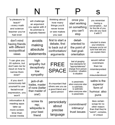 INTP Bingo Card