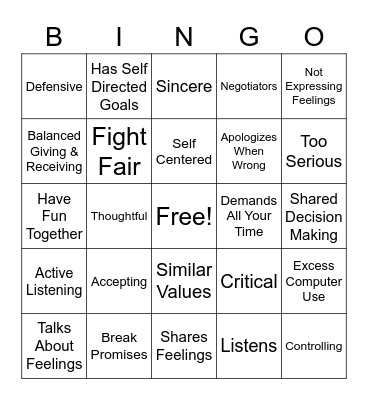 Healthy Relationships Bingo Card