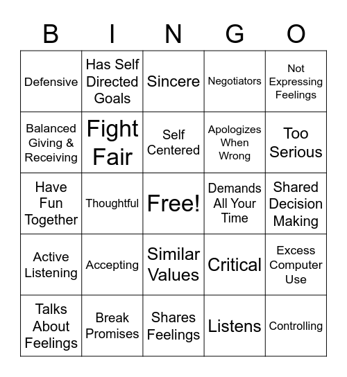 Healthy Relationships Bingo Card