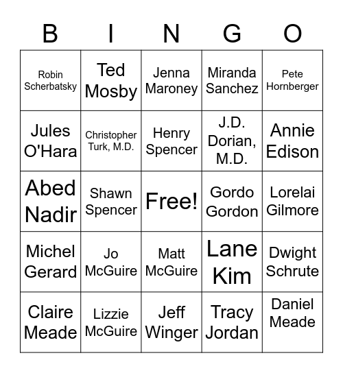 Favorite TV Characters Bingo Card