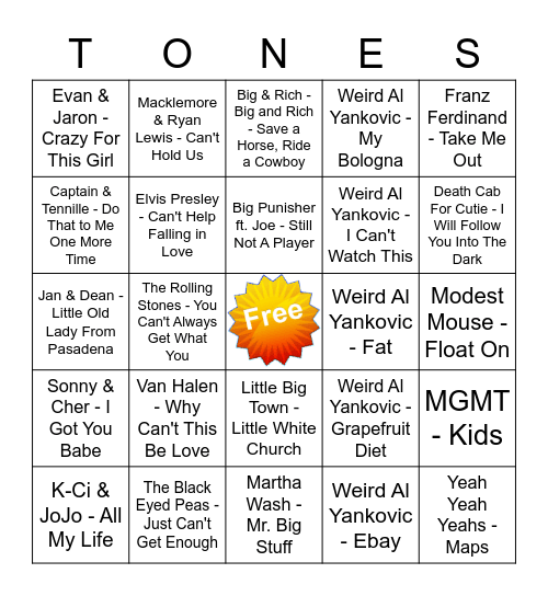 Game Of Tones 7/20/21 Game 2 Bingo Card
