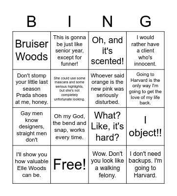 Chick Flick Bingo Card
