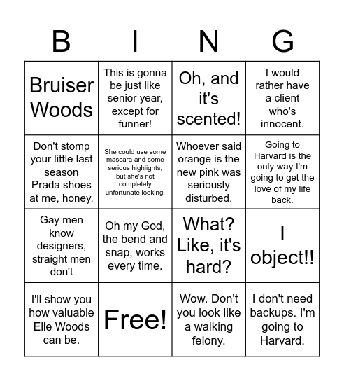 Chick Flick Bingo Card