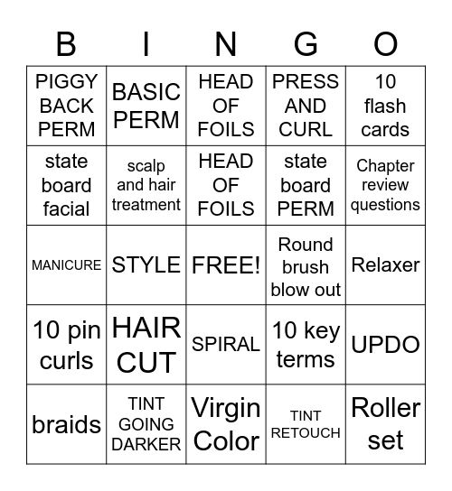 Cosmetology Bingo Card
