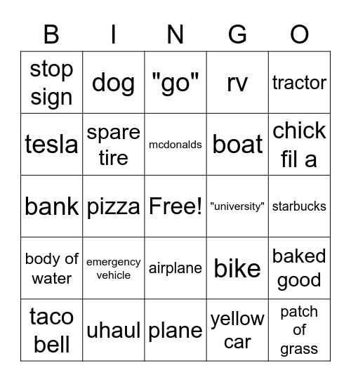 Road Trip Bingo Card