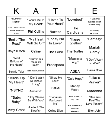 Katie's Bridal Shower Bingo Card