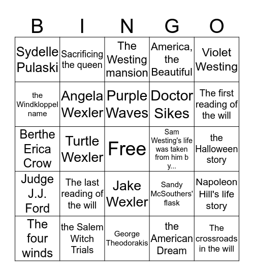 The Westing Game  Bingo Card