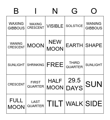 Moon Phases Bingo Card