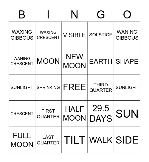 Moon Phases Bingo Card