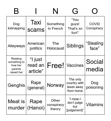 Disturbing topics my mom brings up at lunch Bingo Card