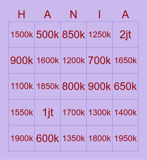 💜💜💜 HANI 💜💜💜 Bingo Card