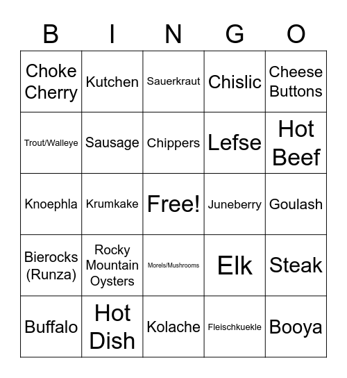 Utah to Minnesota Food Bingo Card