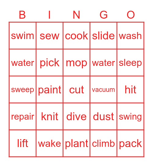 Action verbs Bingo Card