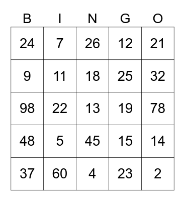 Numbers 1-75 Bingo Card