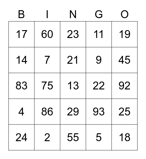 Numbers 1-99 Bingo Card