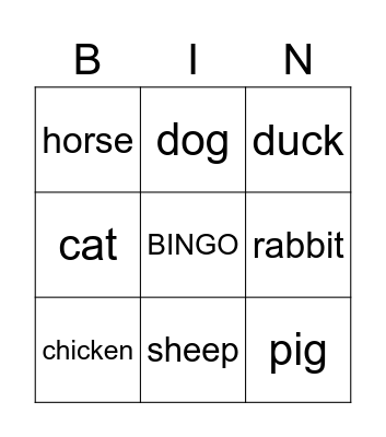 Farm animals Bingo Card