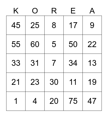 Korean Language Bingo Card