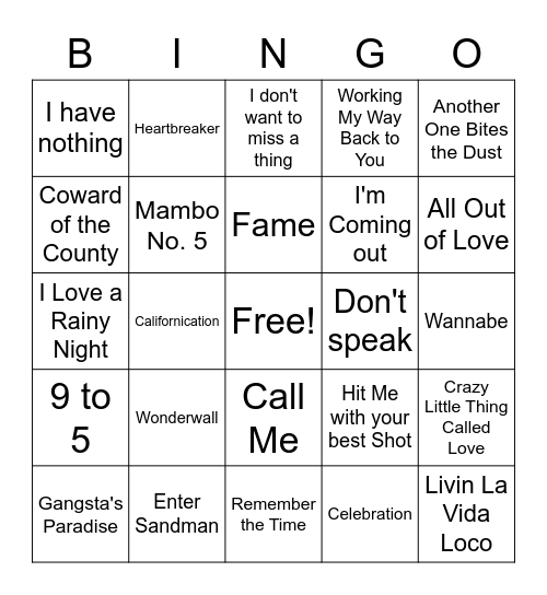 1980's and 90's Music Bingo Card