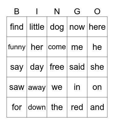 Sight Words Bingo Card