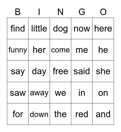 Sight Words Bingo Card