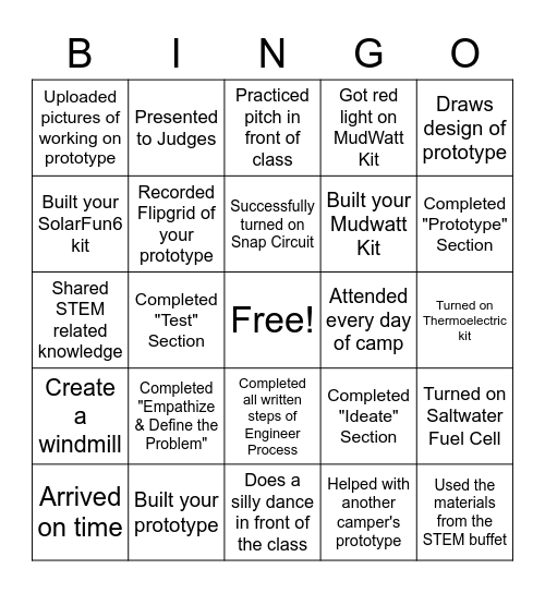STEMming from Earth Camp Bingo Card