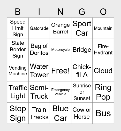 Road Trip! Bingo Card